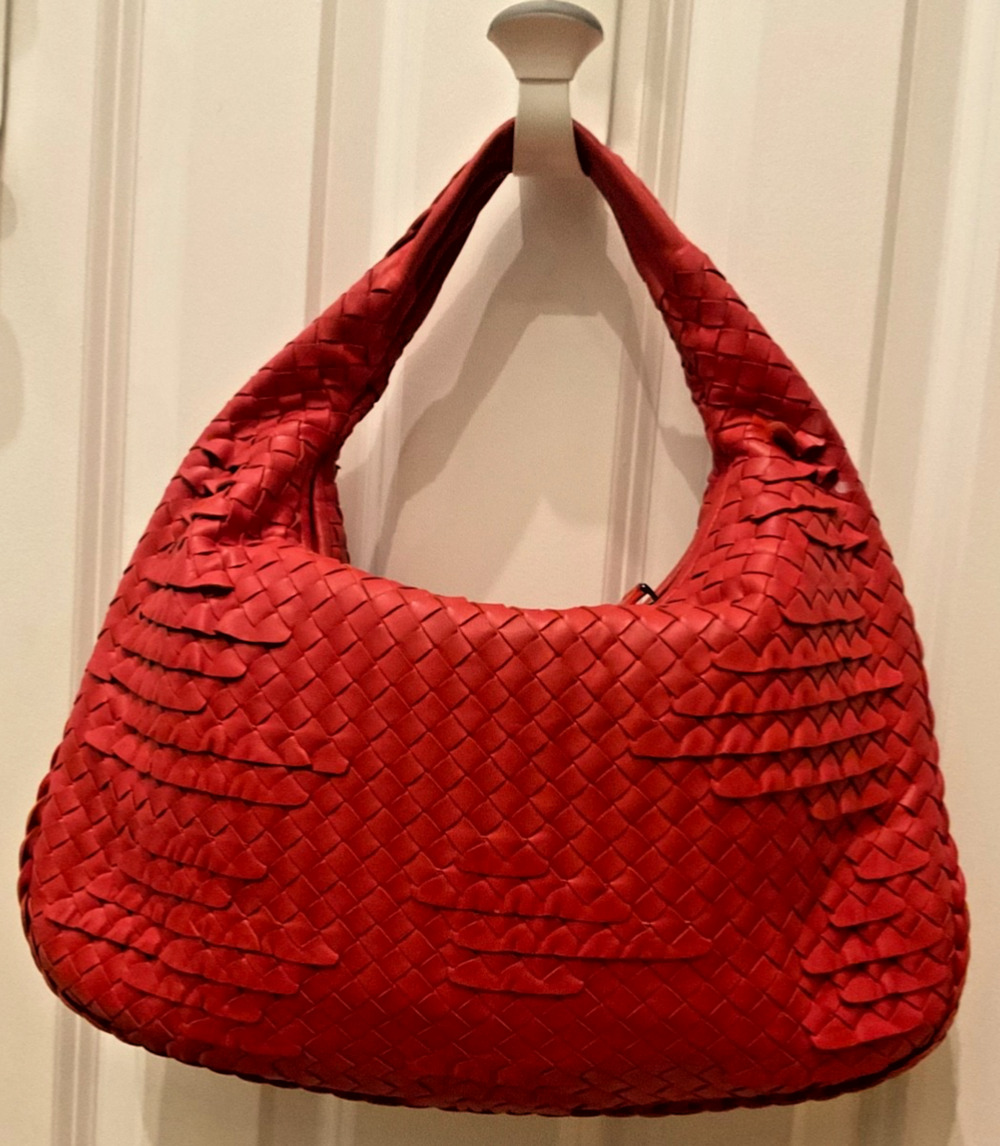Vintage Bottega Veneta Red Perforated Intrecciato Nappa Leather Ruffle Hobo Bag